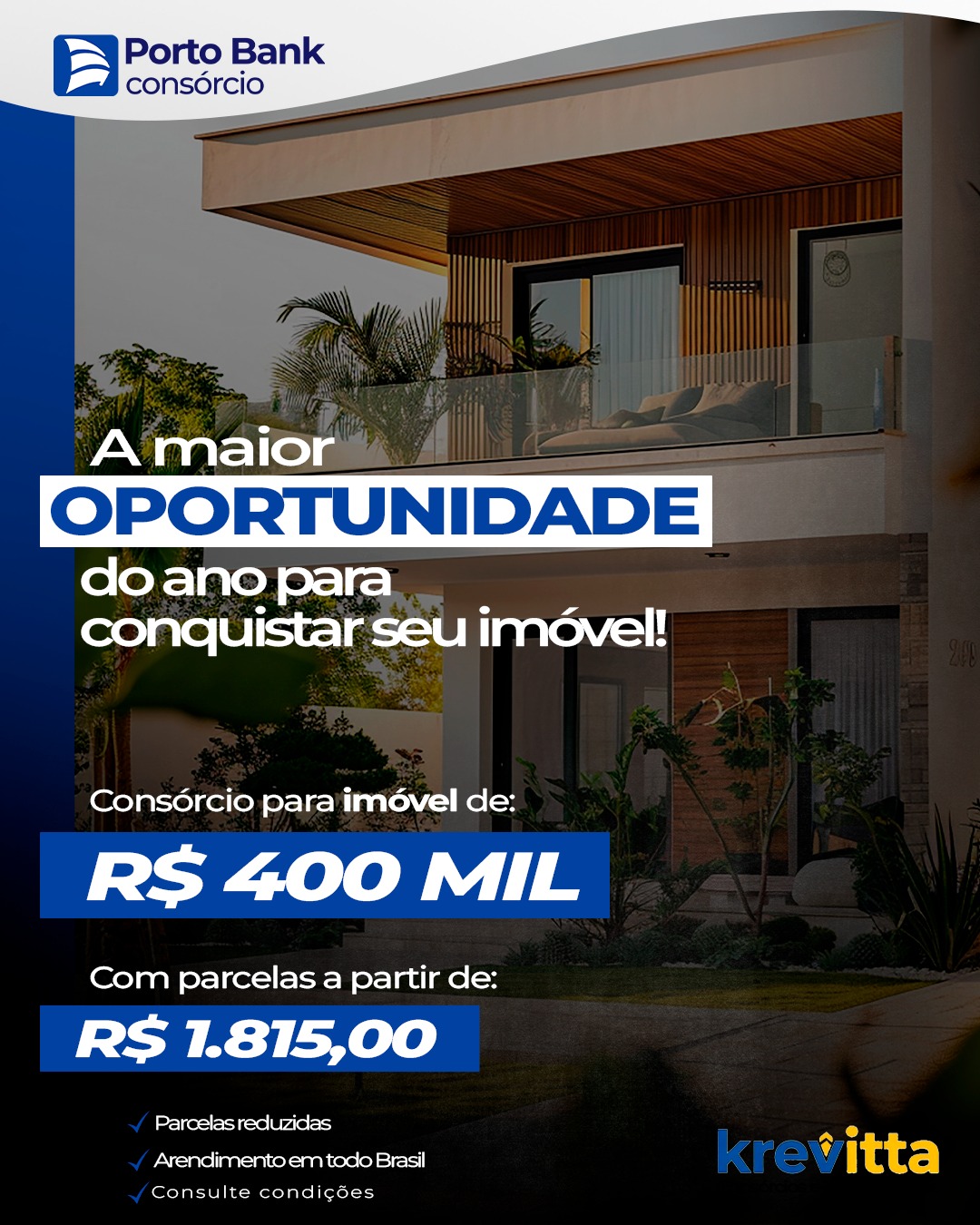 Consórcio de imóvel Porto Bank: crédito de 400 mil com parcela de R$ 1.815,00