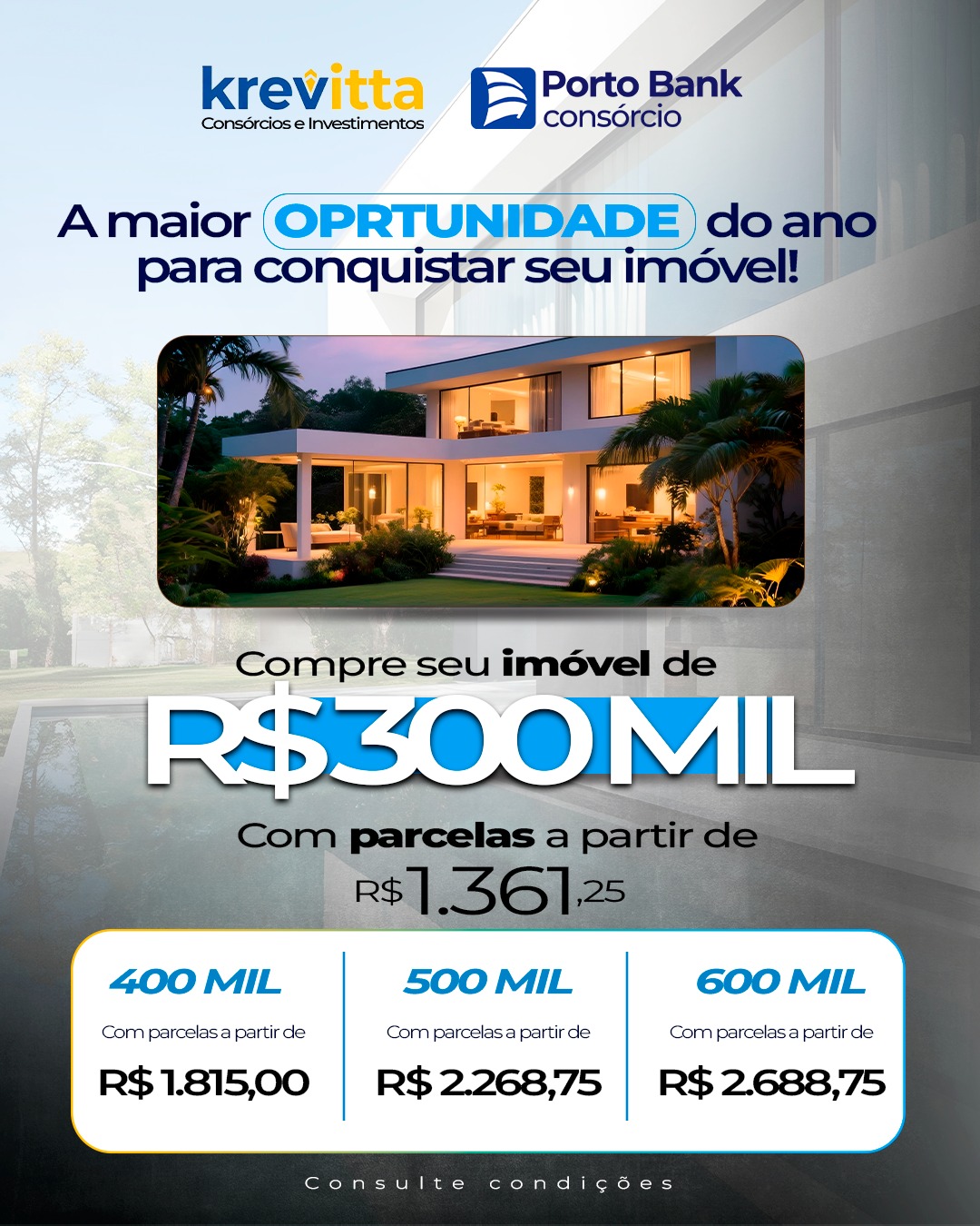 Tabela de consórcio de imóvel com créditos de 300 mil a 600 mil