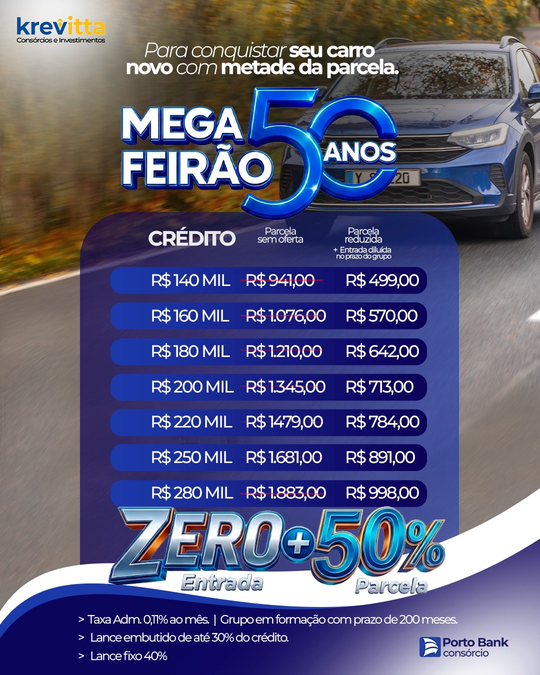 Tabela do Mega Feirão 50 Anos para automóveis, créditos de 140 mil a 280 mil
