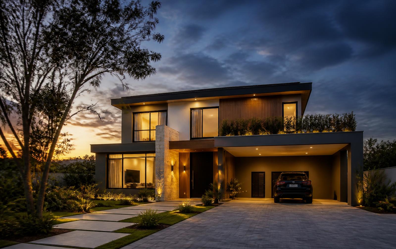 Casa moderna iluminada ao anoitecer, com jardim e garagem